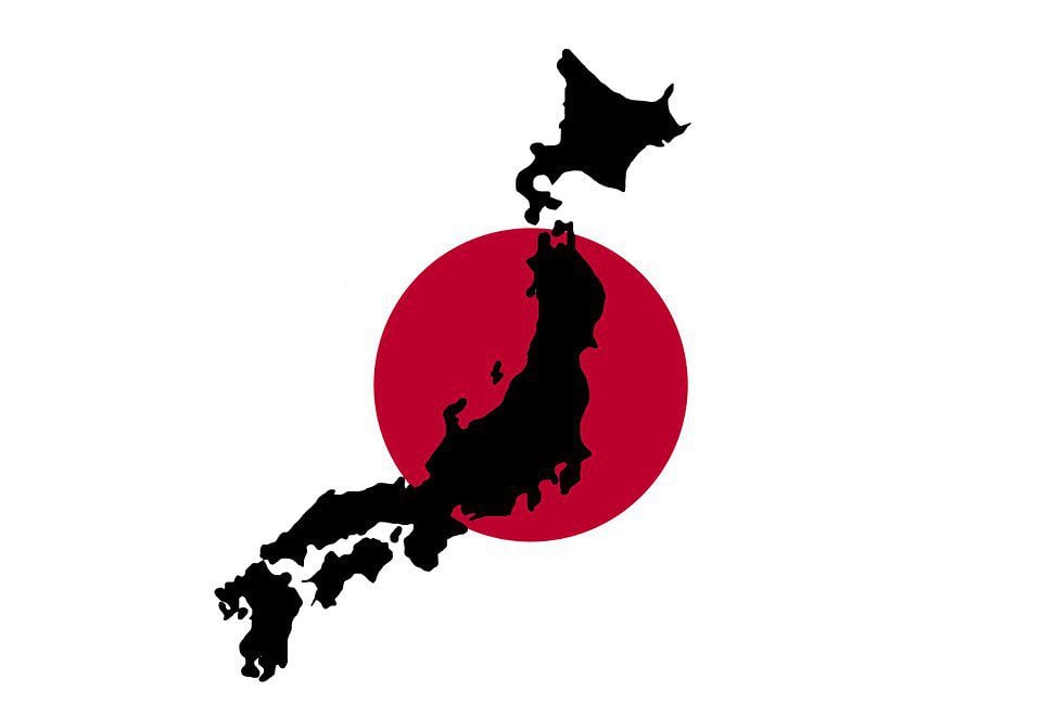 Map of Japan with red sun symbol representing Japanese culture