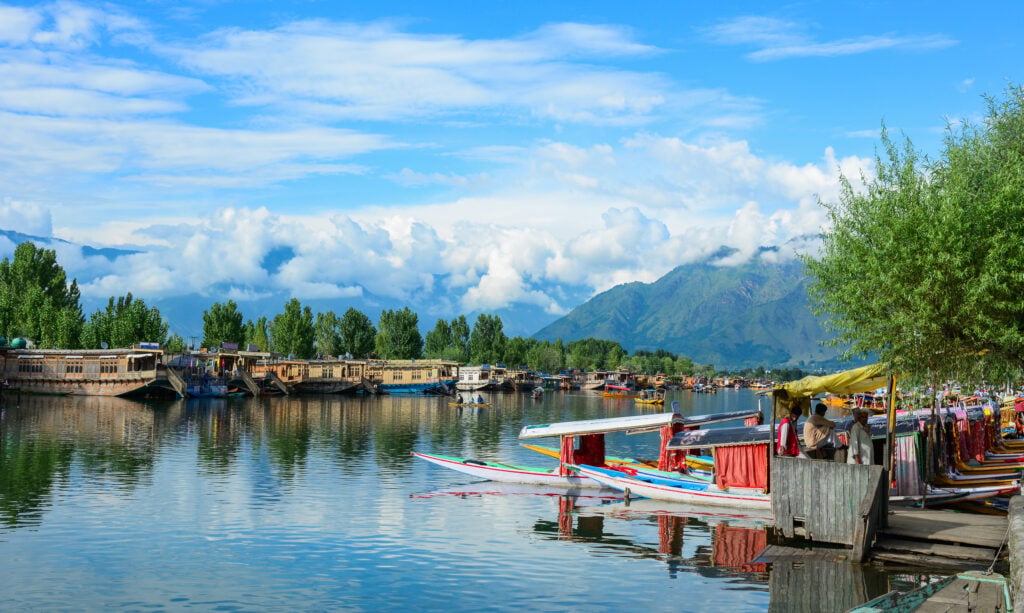 Dal Lake landscape in Srinagar India with shikara boats