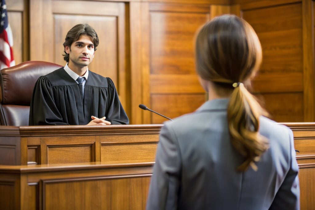 Court interpreter assisting communication in courtroom