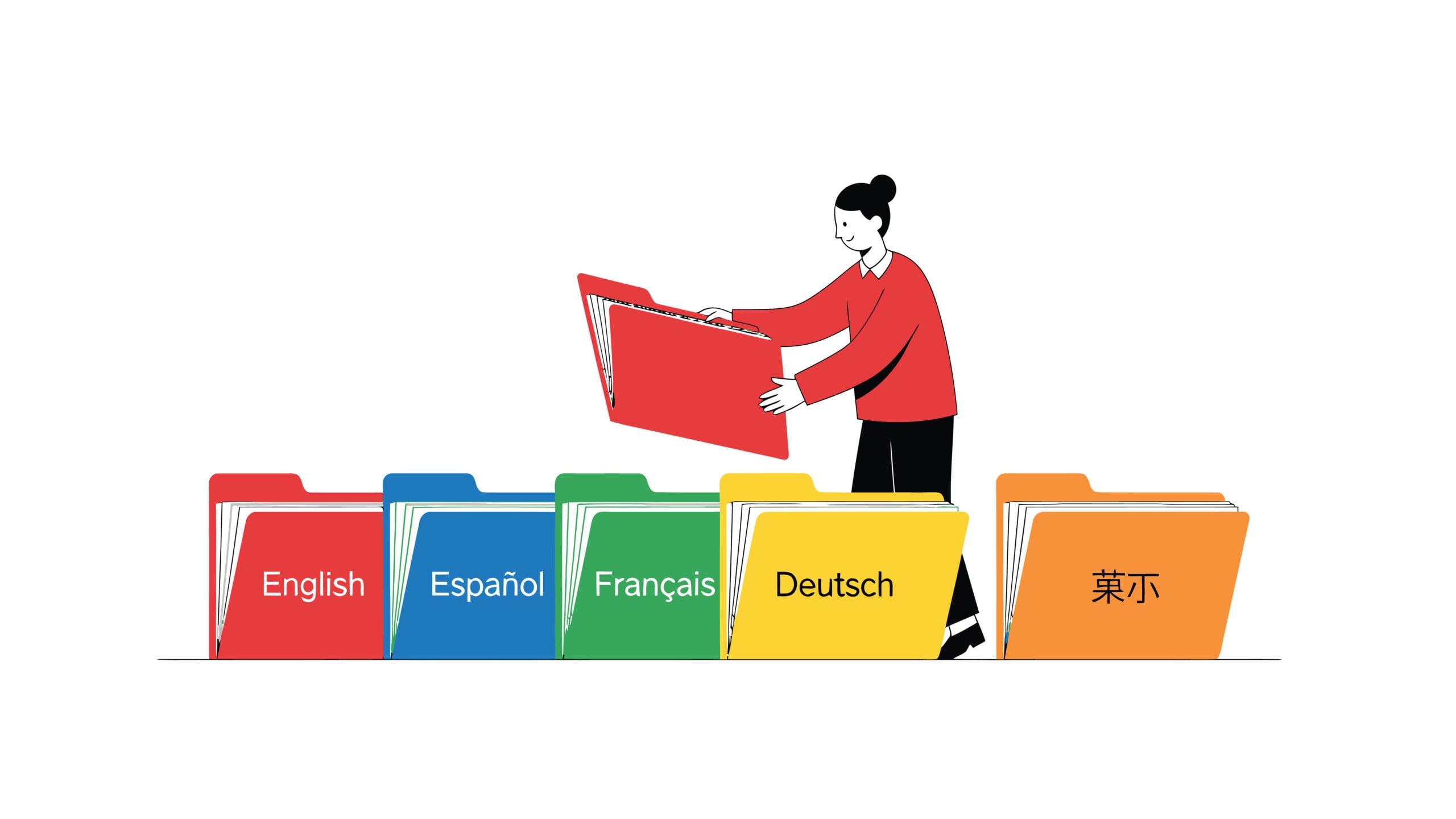 A illustration going through files in different languages