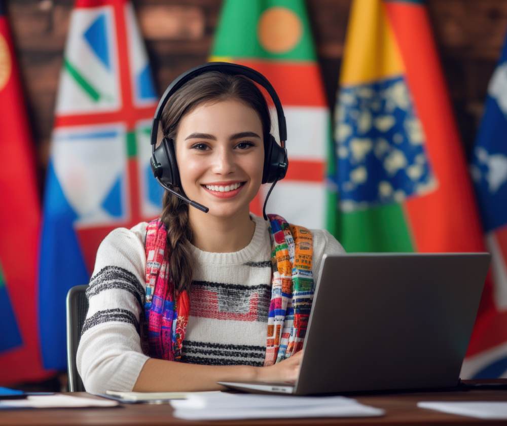 A girl with different flags background indicates that she provides Interpreting & Translation Services.