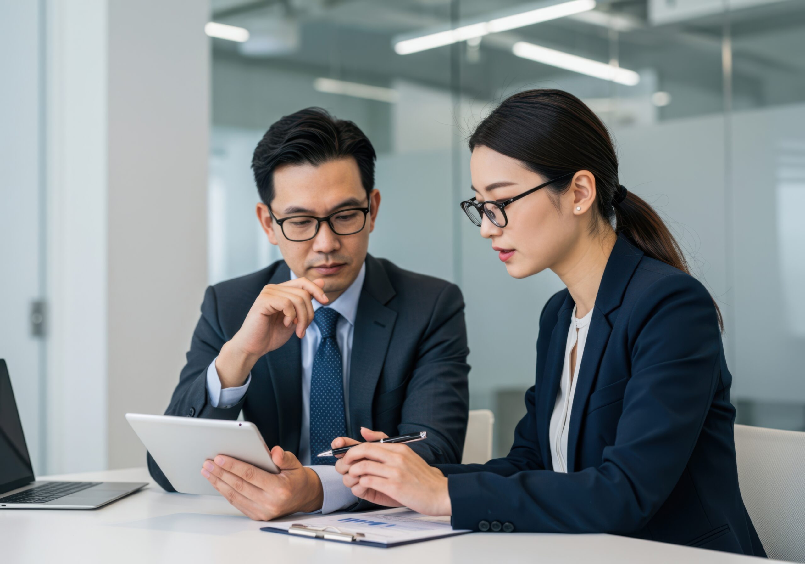 Two focused business professionals a man and a woman collaborating intently on a digital tablet during a meeting in a modern office setting