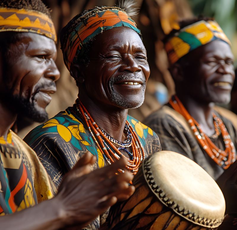 Bemba Interpretation and Translation Services featuring Bemba community members playing traditional drums during a cultural gathering, highlighting authentic language and cultural heritage.