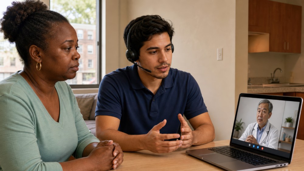 Certified Remote Interpretation Services connecting a professional interpreter with a patient and physician through secure video conferencing for accurate multilingual medical communication.
