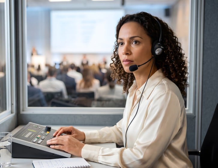 Professional linguist delivering Conference Interpretation Services in a soundproof booth for a multilingual corporate conference.