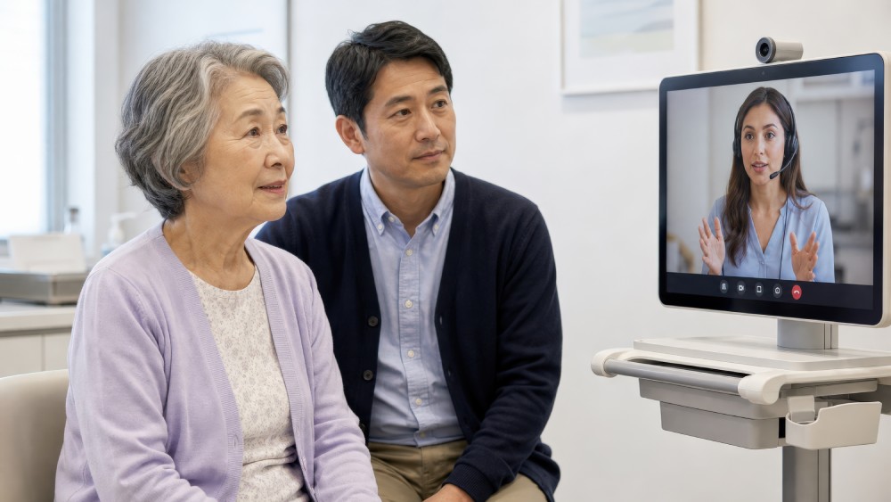 Remote Interpretation Services connecting a professional interpreter with a Japanese-speaking patient and family through secure video conferencing during a healthcare consultation.