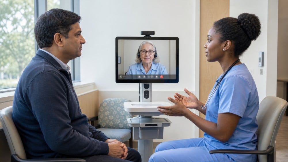 Remote Interpretation Services enabling a healthcare provider and patient to communicate seamlessly through a professional video interpreter during a medical consultation.
