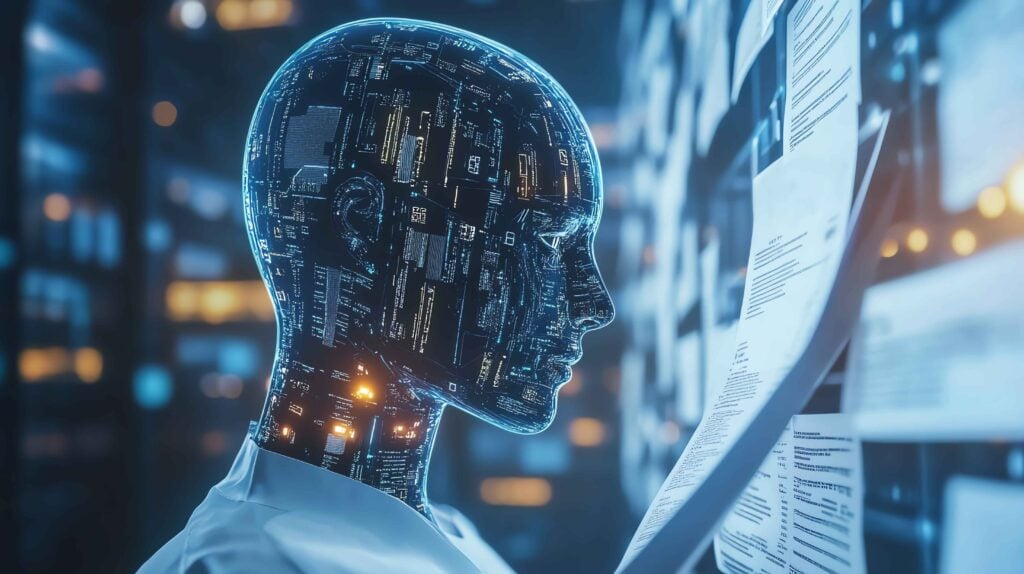 AI head made of circuit patterns beside floating translated documents, representing AI document translation accuracy