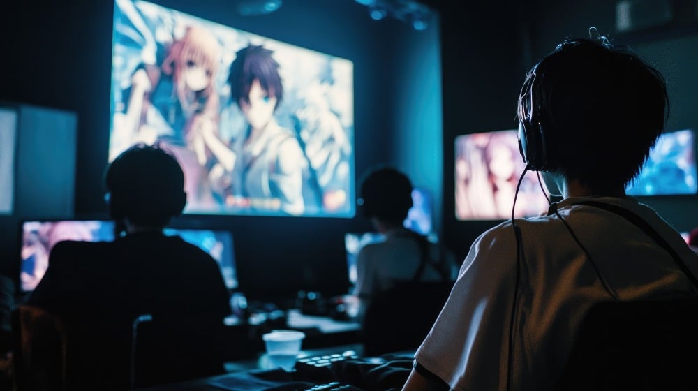 Professional Anime Translation Services for anime content, featuring viewers watching Japanese anime in a multimedia studio