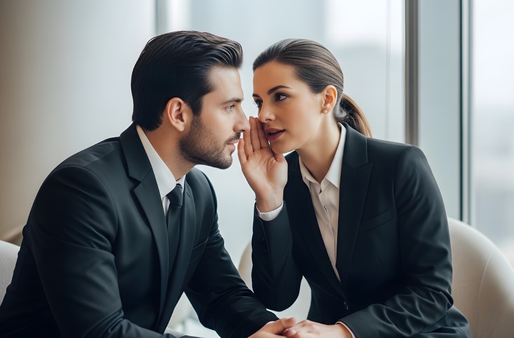 Certified Whispered Interpretation Services during a confidential business meeting, with an interpreter quietly translating in real time to support accurate multilingual communication.
