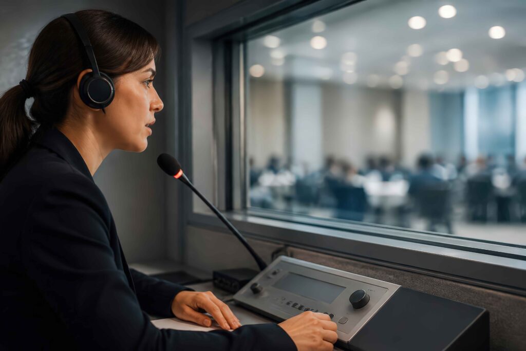 Simultaneous interpreter working from an onsite booth with headset, console, and direct line of sight to the conference room