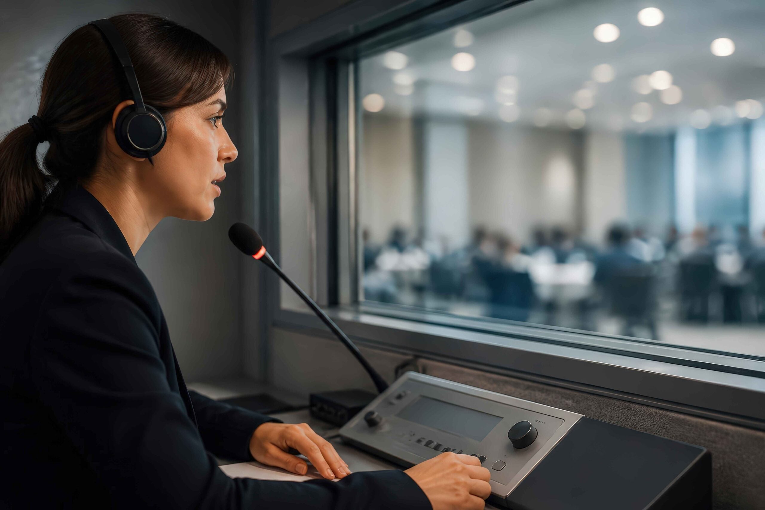 Simultaneous interpreter working from an onsite booth with headset, console, and direct line of sight to the conference room