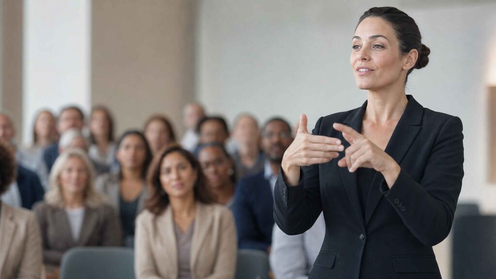 Sign language interpreter signing at the front of a conference room while attendees watch from their seats.