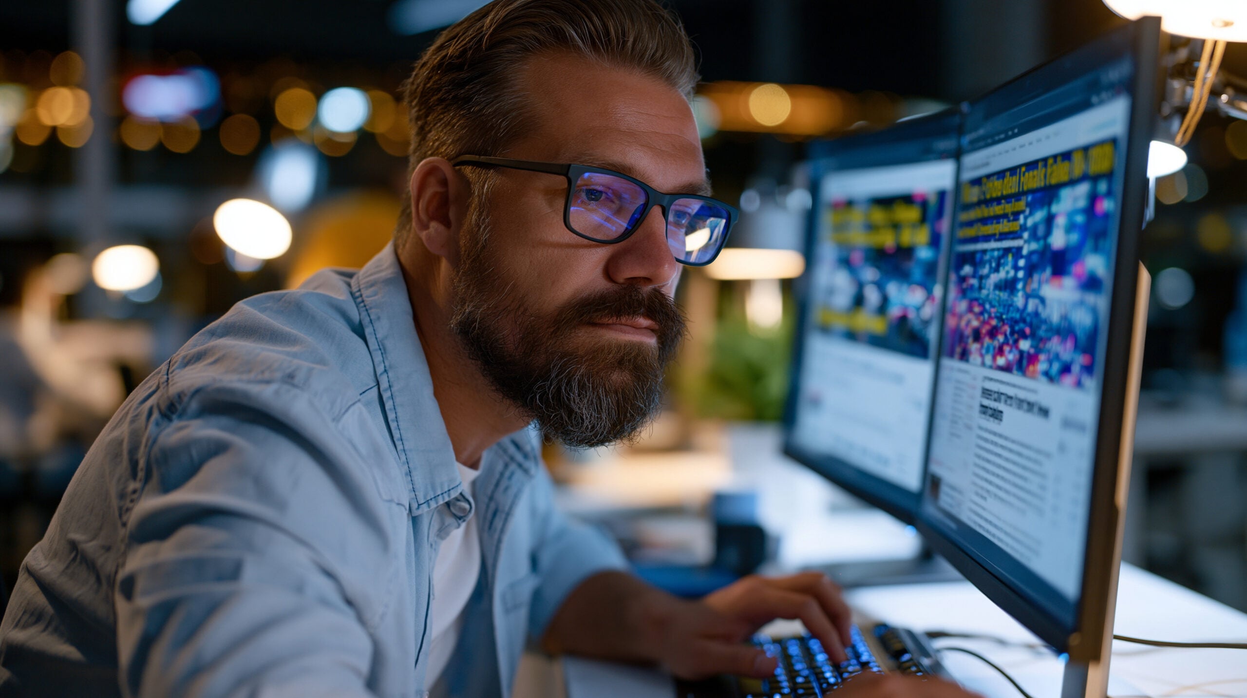Professional in glasses working at dual monitors, representing translation and interpretation services in Los Angeles