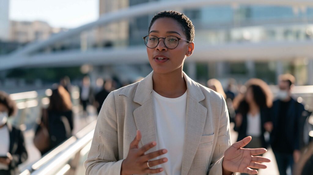 Woman in glasses and a linen blazer speaking and gesturing on a busy city walkway, illustrating how Modern Hebrew speakers understand Biblical Hebrew