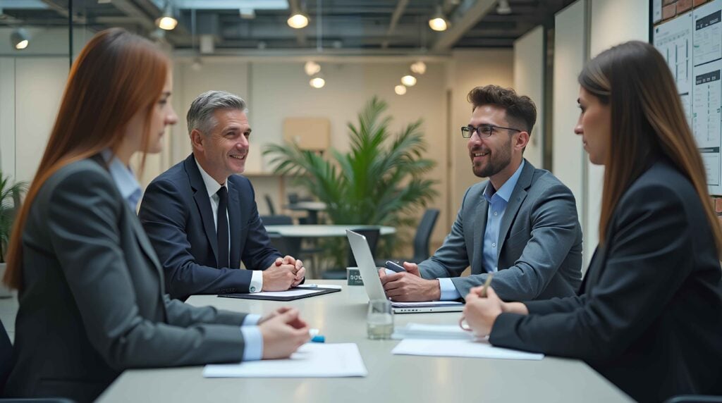 Four business professionals talking around a conference table in a modern office, representing multilingual communication in Los Angeles