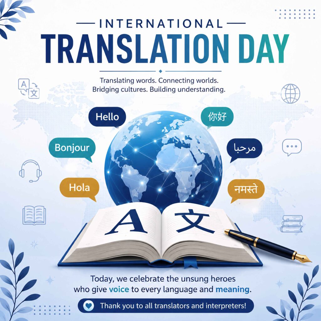 International Translation Day graphic featuring a globe, open translation book, multilingual greetings, and a message honoring translators and interpreters