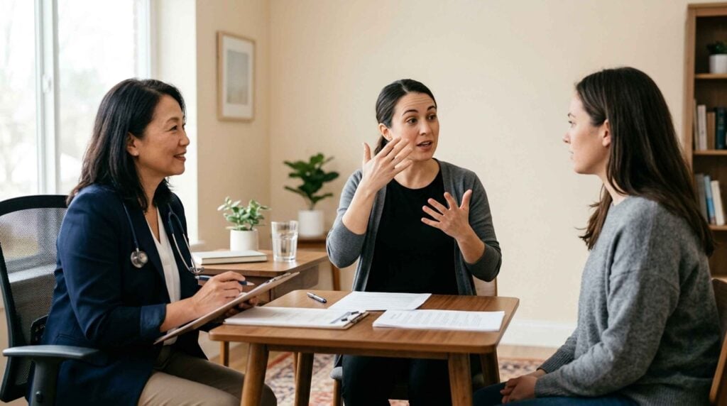 interpreter facilitating communication between a healthcare professional and a patient during a consultation, illustrating Jamaican Patois interpretation services.