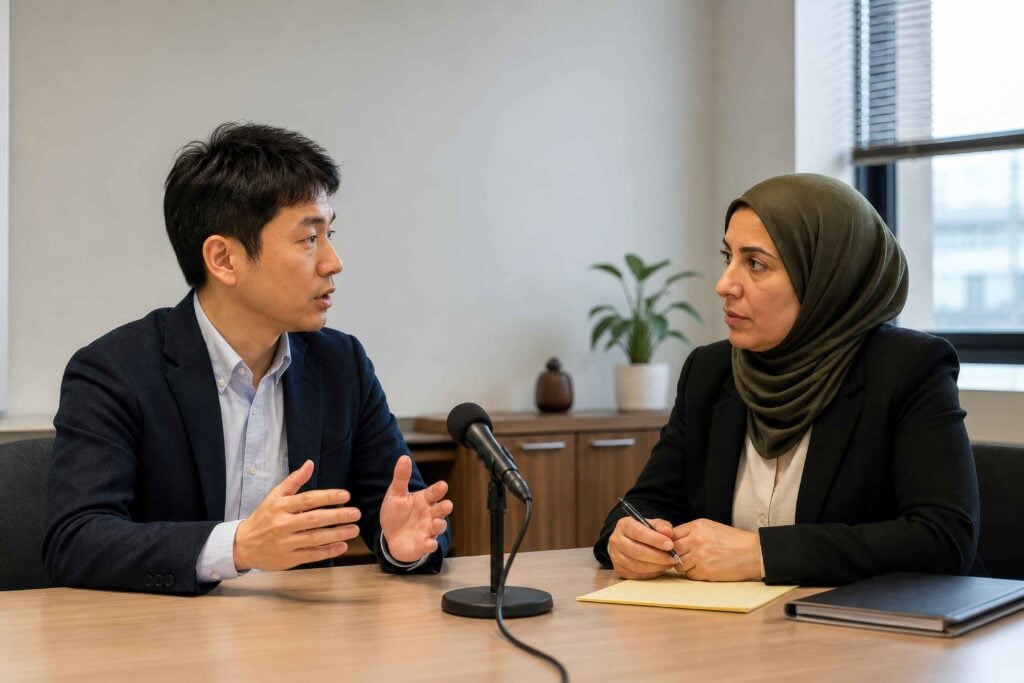 Professional interpreter facilitating a conversation between two people in a business setting.