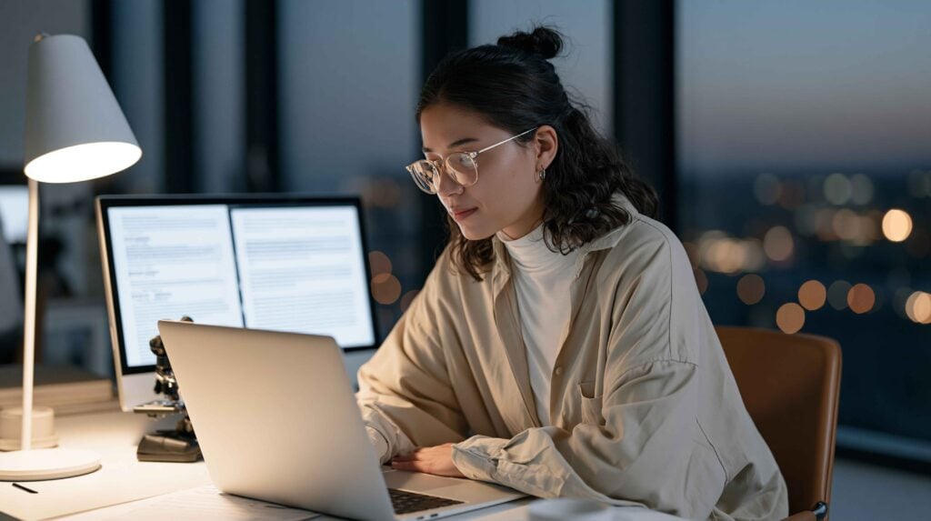 Professional Lao translator in glasses working on a laptop at a desk, reviewing documents side by side on a monitor for accurate Lao translation services.