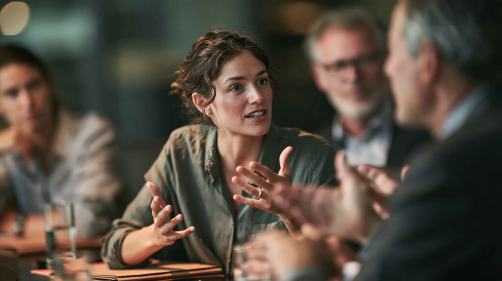Woman in an olive shirt gesturing as she explains a point to colleagues around a meeting table, showing where Modern Hebrew speakers need help with Biblical Hebrew