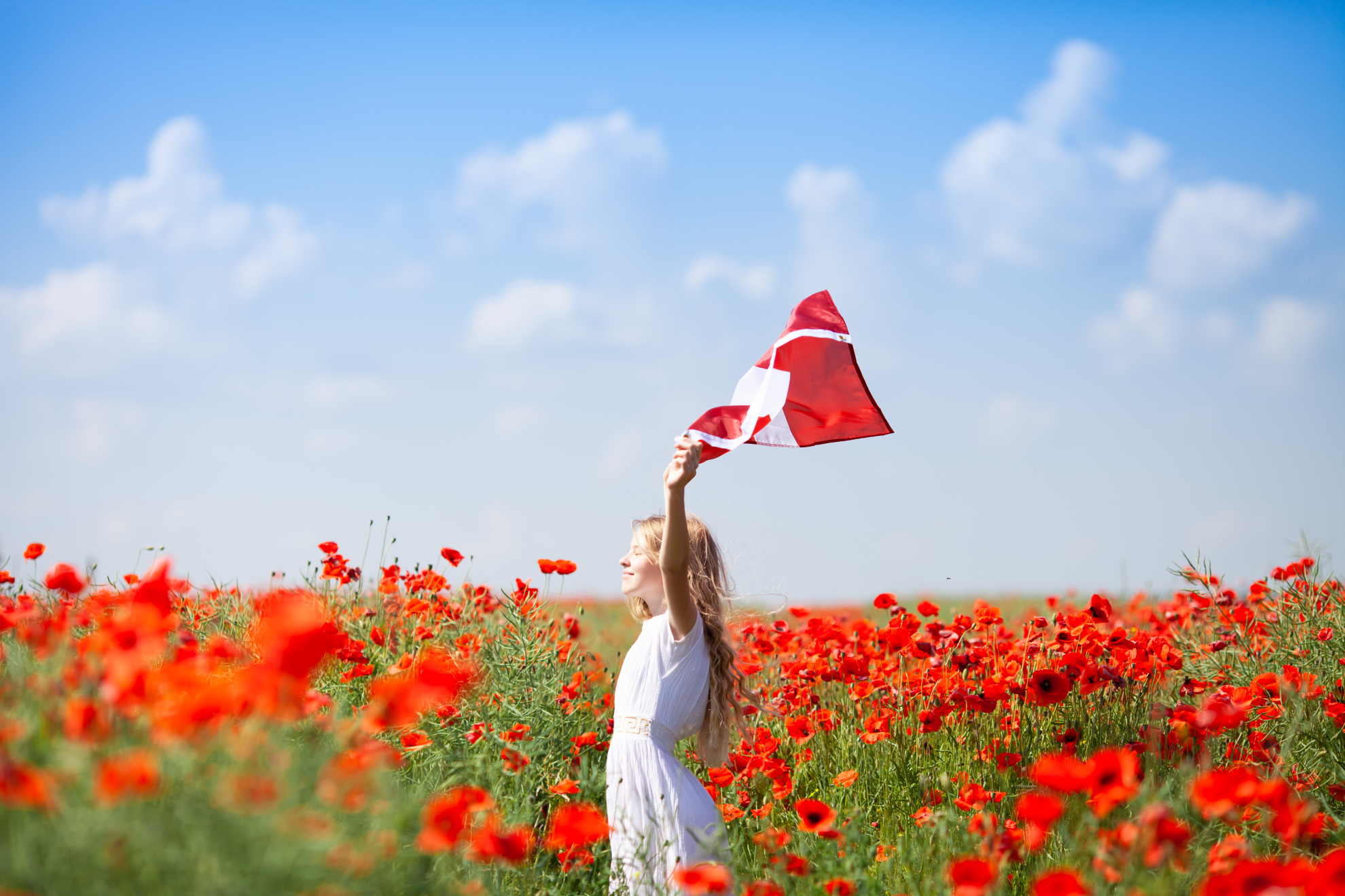 Blond girl holding flag of Latvia in the poppy field